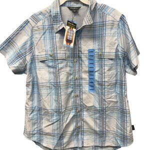 Eddie Bauer Short Sleeve Adventure Shirt Large Blue Plaid Quick Dry Lightweight